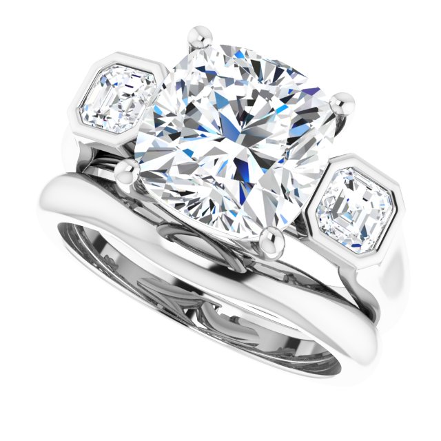 3.96 tcw Cushion Moissanite DEF/VVS Trellis Three Stone Engagement Ring in 14KW | AllComponents_View5 3.96 tcw Cushion Moissanite DEF/VVS Trellis Three Stone Engagement Ring in 14KW | AllComponents_View5