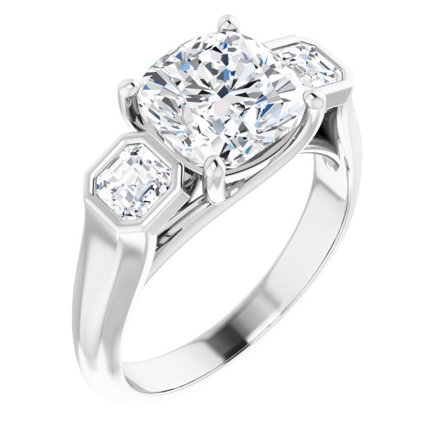 3.06 tcw Cushion Lab-Grown GH/VS2+ Trellis Three Stone Engagement Ring in 14KW | ViewA 3.06 tcw Cushion Lab-Grown GH/VS2+ Trellis Three Stone Engagement Ring in 14KW | ViewA