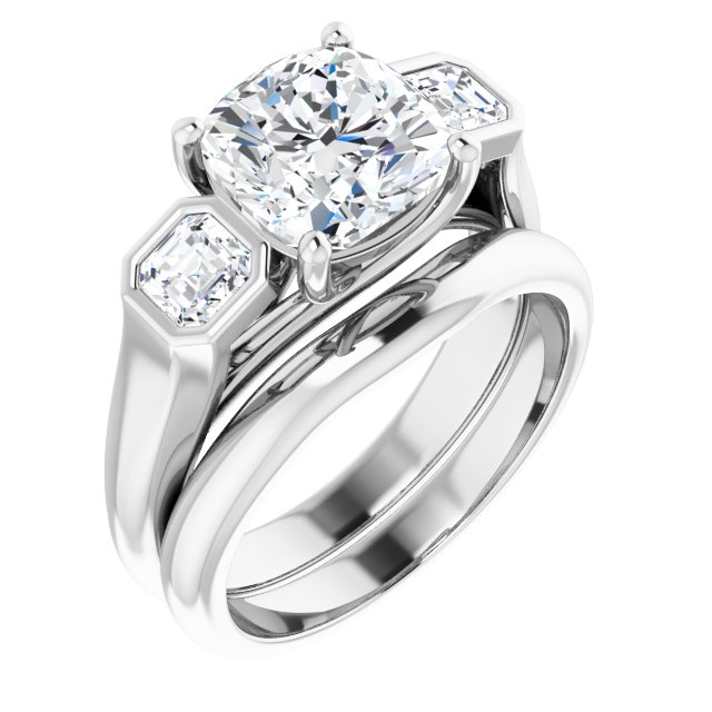 3.06 tcw Cushion Lab-Grown GH/VS2+ Trellis Three Stone Engagement Ring in 14KW | AllComponents_ViewA 3.06 tcw Cushion Lab-Grown GH/VS2+ Trellis Three Stone Engagement Ring in 14KW | AllComponents_ViewA