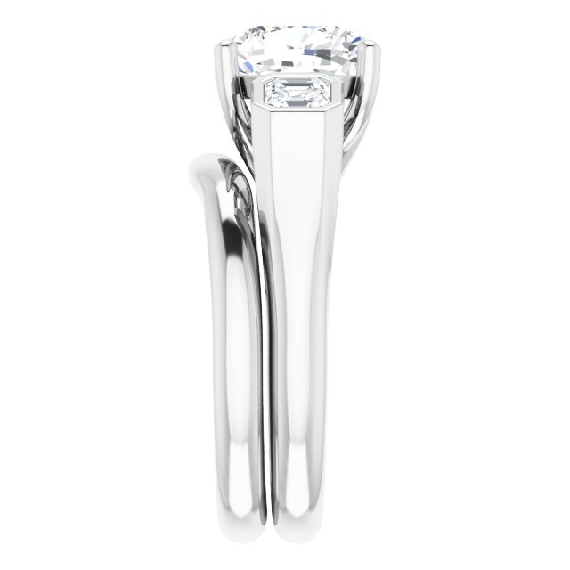 3.96 tcw Cushion Moissanite DEF/VVS Trellis Three Stone Engagement Ring in 14KW | AllComponents_ViewE 3.96 tcw Cushion Moissanite DEF/VVS Trellis Three Stone Engagement Ring in 14KW | AllComponents_ViewE
