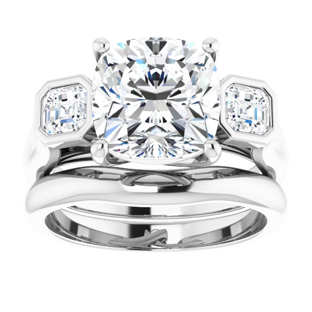 3.96 tcw Cushion Moissanite DEF/VVS Trellis Three Stone Engagement Ring in 14KW | AllComponents_ViewS 3.96 tcw Cushion Moissanite DEF/VVS Trellis Three Stone Engagement Ring in 14KW | AllComponents_ViewS