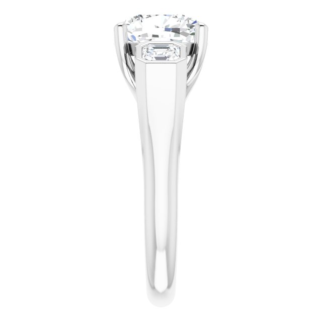 3.96 tcw Cushion Moissanite DEF/VVS Trellis Three Stone Engagement Ring in 14KW | ViewE 3.96 tcw Cushion Moissanite DEF/VVS Trellis Three Stone Engagement Ring in 14KW | ViewE