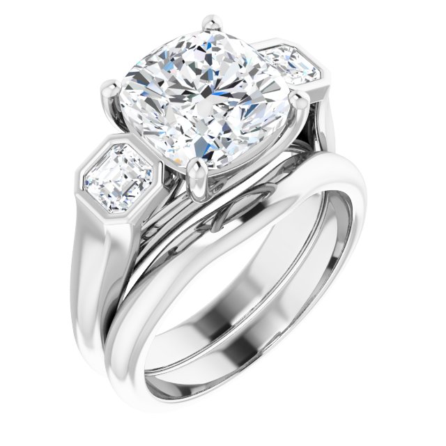 3.96 tcw Cushion Moissanite DEF/VVS Trellis Three Stone Engagement Ring in 14KW | AllComponents_ViewA 3.96 tcw Cushion Moissanite DEF/VVS Trellis Three Stone Engagement Ring in 14KW | AllComponents_ViewA