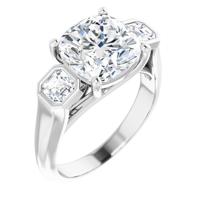 3.96 tcw Cushion Moissanite DEF/VVS Trellis Three Stone Engagement Ring in 14KW | ViewA 3.96 tcw Cushion Moissanite DEF/VVS Trellis Three Stone Engagement Ring in 14KW | ViewA