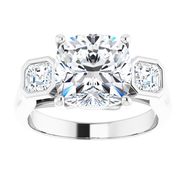3.96 tcw Cushion Moissanite DEF/VVS Trellis Three Stone Engagement Ring in 14KW | ViewS 3.96 tcw Cushion Moissanite DEF/VVS Trellis Three Stone Engagement Ring in 14KW | ViewS