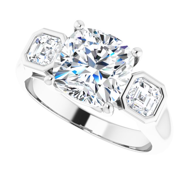 3.06 tcw Cushion Lab-Grown GH/VS2+ Trellis Three Stone Engagement Ring in 14KW | View5 3.06 tcw Cushion Lab-Grown GH/VS2+ Trellis Three Stone Engagement Ring in 14KW | View5