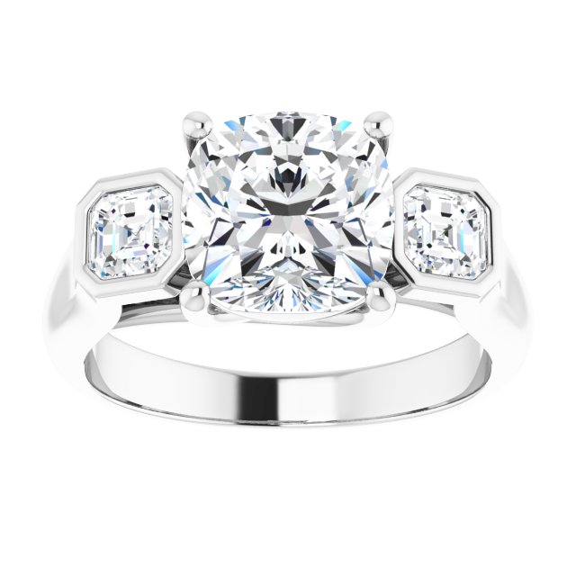 3.06 tcw Cushion Lab-Grown GH/VS2+ Trellis Three Stone Engagement Ring in 14KW | ViewS 3.06 tcw Cushion Lab-Grown GH/VS2+ Trellis Three Stone Engagement Ring in 14KW | ViewS