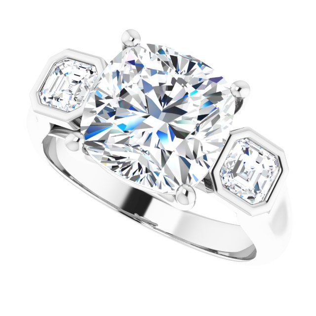 3.96 tcw Cushion Moissanite DEF/VVS Trellis Three Stone Engagement Ring in 14KW | View5 3.96 tcw Cushion Moissanite DEF/VVS Trellis Three Stone Engagement Ring in 14KW | View5
