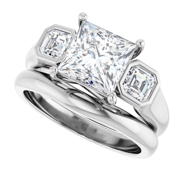 Three Stone Engagement Ring Square Princess Square Cut Claw