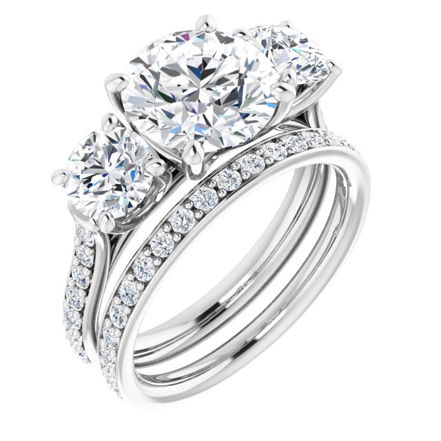 3.94 tcw Round Moissanite DEF/VVS Trellis Three Stone Engagement Ring in 14KW | AllComponents_ViewA 3.94 tcw Round Moissanite DEF/VVS Trellis Three Stone Engagement Ring in 14KW | AllComponents_ViewA