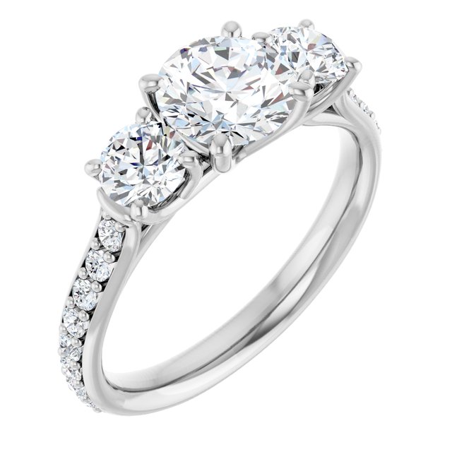 1.93 tcw Round Moissanite DEF/VVS Trellis Three Stone Engagement Ring in 14KW | ViewA