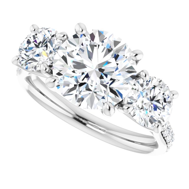 3.94 tcw Round Moissanite DEF/VVS Trellis Three Stone Engagement Ring in 14KW | View5 3.94 tcw Round Moissanite DEF/VVS Trellis Three Stone Engagement Ring in 14KW | View5
