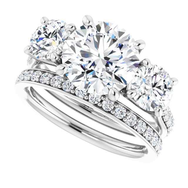 3.94 tcw Round Moissanite DEF/VVS Trellis Three Stone Engagement Ring in 14KW | AllComponents_View5 3.94 tcw Round Moissanite DEF/VVS Trellis Three Stone Engagement Ring in 14KW | AllComponents_View5