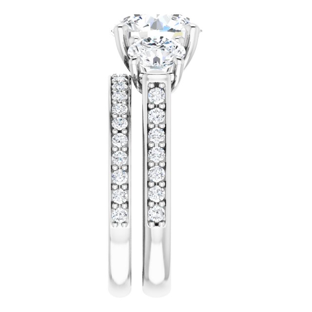 3.94 tcw Round Moissanite DEF/VVS Trellis Three Stone Engagement Ring in 14KW | AllComponents_ViewE 3.94 tcw Round Moissanite DEF/VVS Trellis Three Stone Engagement Ring in 14KW | AllComponents_ViewE