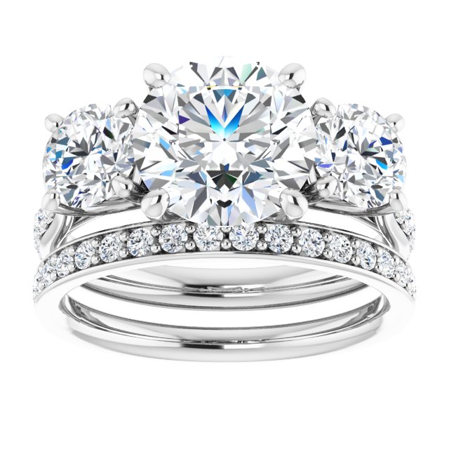 3.94 tcw Round Moissanite DEF/VVS Trellis Three Stone Engagement Ring in 14KW | AllComponents_ViewS 3.94 tcw Round Moissanite DEF/VVS Trellis Three Stone Engagement Ring in 14KW | AllComponents_ViewS