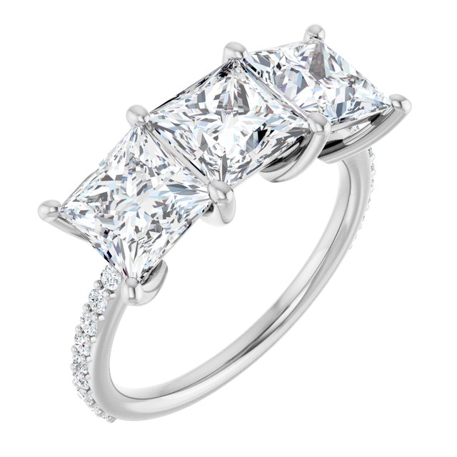 4.08 tcw Square Moissanite DEF/VVS Classic Three Stone Engagement Ring in 14KW | ViewA 4.08 tcw Square Moissanite DEF/VVS Classic Three Stone Engagement Ring in 14KW | ViewA