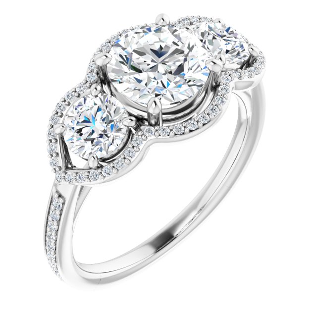 2.08 tcw Round Moissanite DEF/VVS Halo Three Stone Engagement Ring in 14KW | ViewA