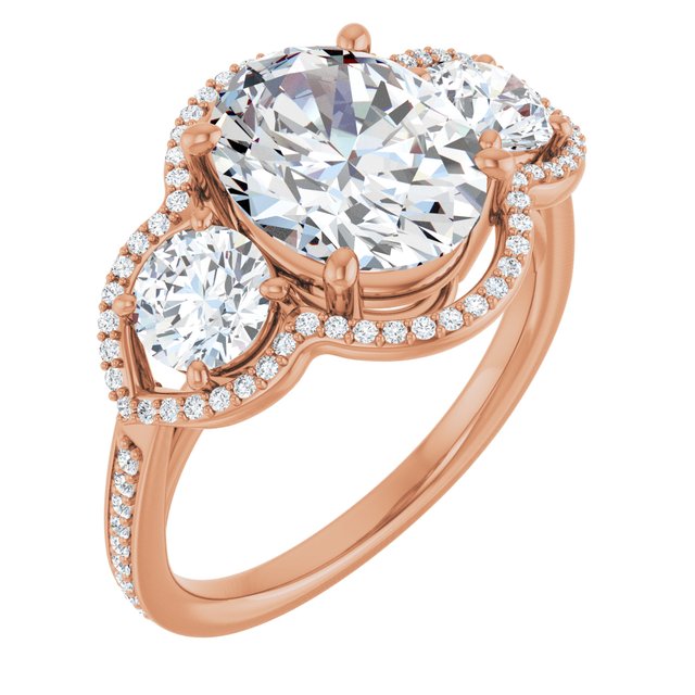 4.23 tcw Oval Lab-Grown D/VVS2+ Halo Three Stone Engagement Ring in 14KR | ViewA 4.23 tcw Oval Lab-Grown D/VVS2+ Halo Three Stone Engagement Ring in 14KR | ViewA