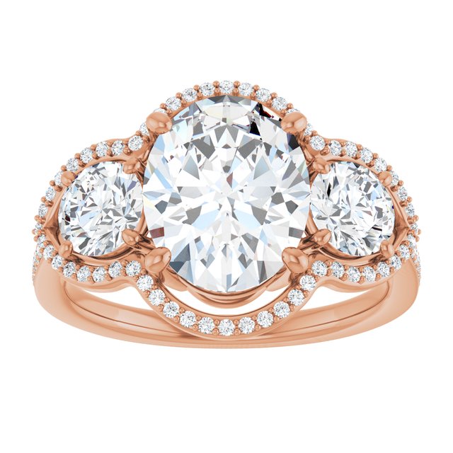 4.23 tcw Oval Lab-Grown D/VVS2+ Halo Three Stone Engagement Ring in 14KR | ViewS 4.23 tcw Oval Lab-Grown D/VVS2+ Halo Three Stone Engagement Ring in 14KR | ViewS