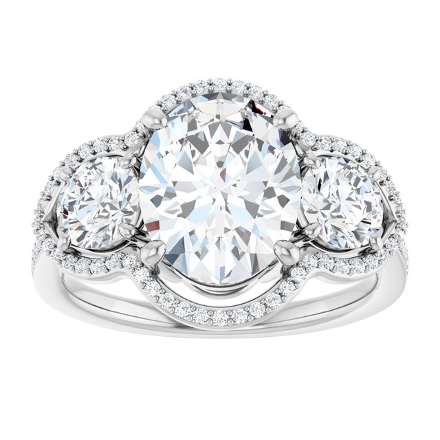 4.23 tcw Oval Diamond EF/VS1+ Halo Three Stone Engagement Ring in 14KW | ViewS 4.23 tcw Oval Diamond EF/VS1+ Halo Three Stone Engagement Ring in 14KW | ViewS