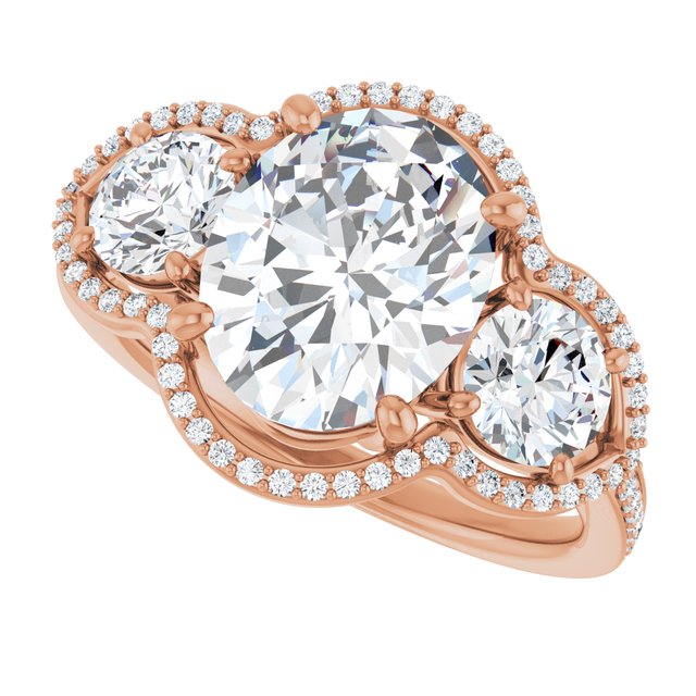 4.23 tcw Oval Lab-Grown D/VVS2+ Halo Three Stone Engagement Ring in 14KR | View5 4.23 tcw Oval Lab-Grown D/VVS2+ Halo Three Stone Engagement Ring in 14KR | View5