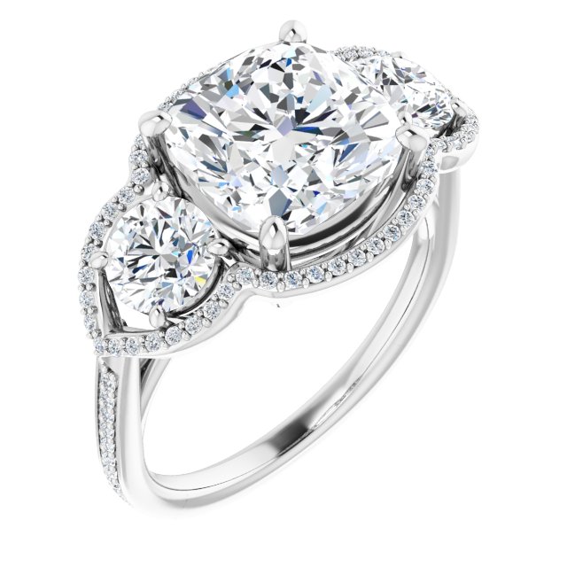 4.53 tcw Cushion Diamond GH/VS2+ Halo Three Stone Engagement Ring in 18KW | ViewA 4.53 tcw Cushion Diamond GH/VS2+ Halo Three Stone Engagement Ring in 18KW | ViewA