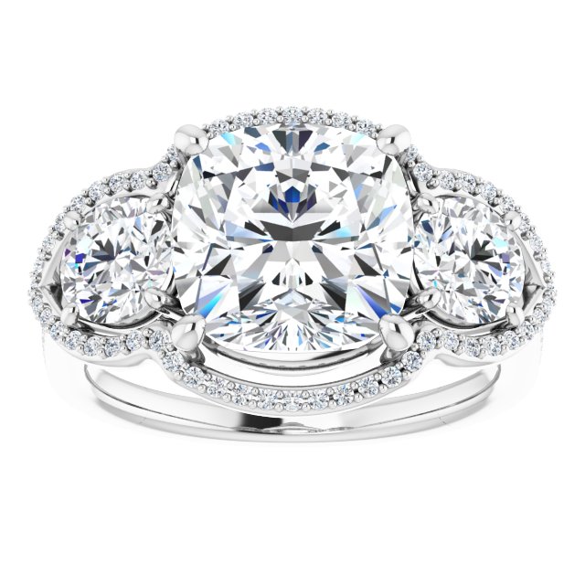 4.53 tcw Cushion Diamond GH/VS2+ Halo Three Stone Engagement Ring in 18KW | ViewS 4.53 tcw Cushion Diamond GH/VS2+ Halo Three Stone Engagement Ring in 18KW | ViewS