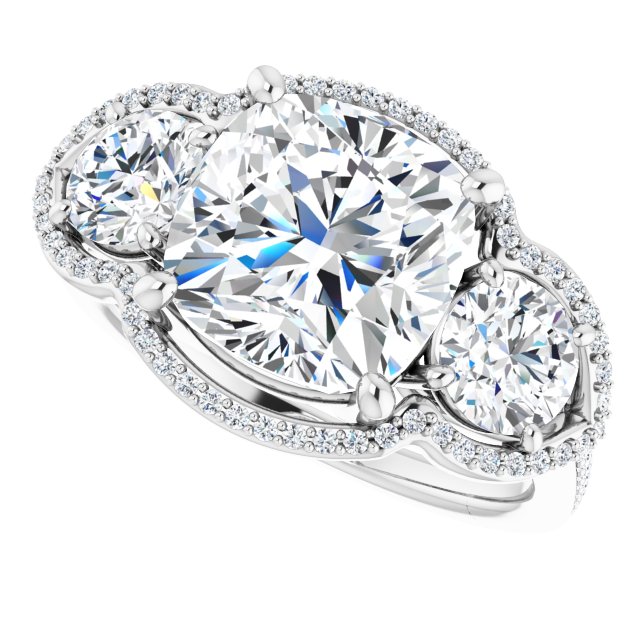 4.53 tcw Cushion Diamond GH/VS2+ Halo Three Stone Engagement Ring in 18KW | View5 4.53 tcw Cushion Diamond GH/VS2+ Halo Three Stone Engagement Ring in 18KW | View5