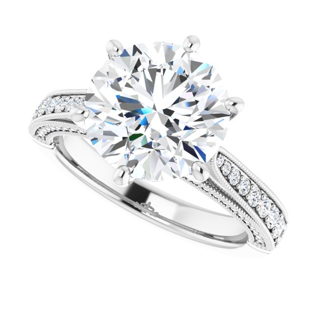 3.94 Round Moissanite DEF/VVS Milgrain Vintage Engagement Ring in 14KW | View5 3.94 Round Moissanite DEF/VVS Milgrain Vintage Engagement Ring in 14KW | View5