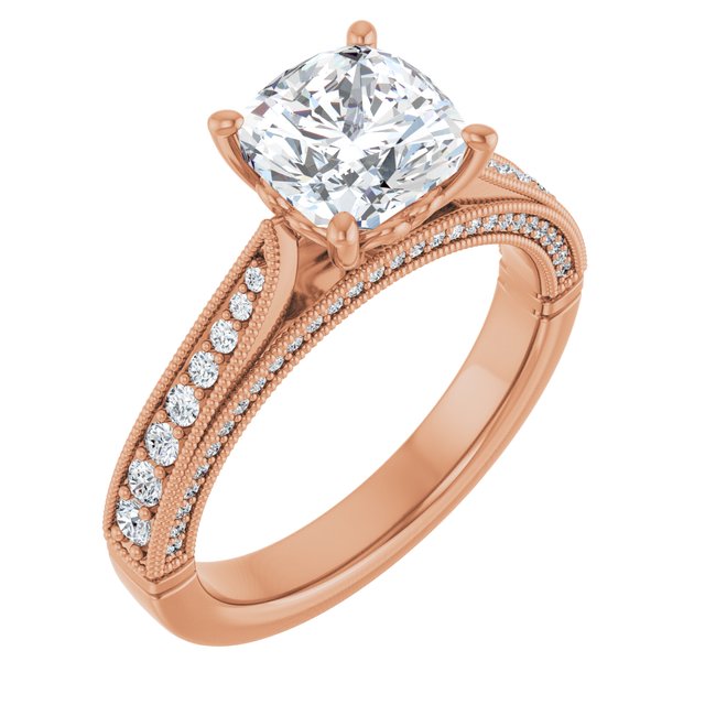 2.04 Cushion Moissanite DEF/VVS Milgrain Vintage Engagement Ring in 18KR | ViewA 2.04 Cushion Moissanite DEF/VVS Milgrain Vintage Engagement Ring in 18KR | ViewA