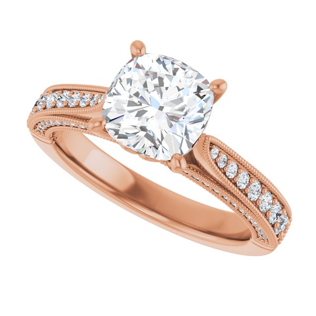 2.04 Cushion Moissanite DEF/VVS Milgrain Vintage Engagement Ring in 18KR | View5 2.04 Cushion Moissanite DEF/VVS Milgrain Vintage Engagement Ring in 18KR | View5