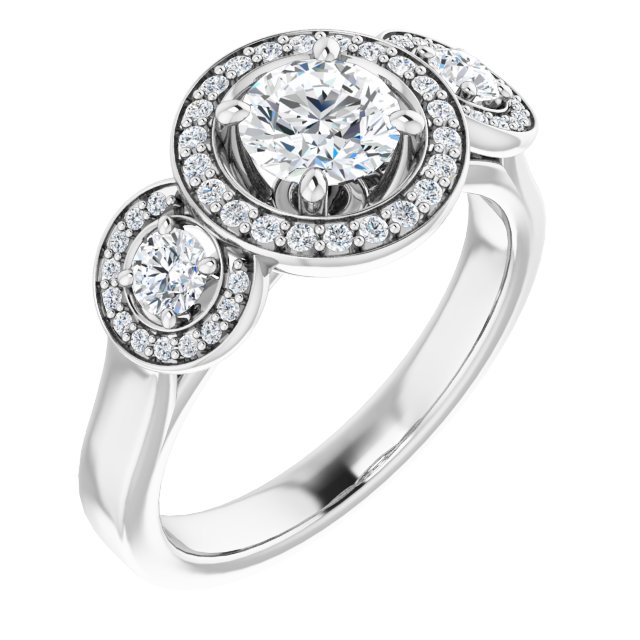 0.96 tcw Round Diamond GH/VS2+ Halo Three Stone Engagement Ring in 14KW | ViewA 0.96 tcw Round Diamond GH/VS2+ Halo Three Stone Engagement Ring in 14KW | ViewA