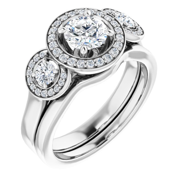0.96 tcw Round Diamond GH/VS2+ Halo Three Stone Engagement Ring in 14KW | AllComponents_ViewA 0.96 tcw Round Diamond GH/VS2+ Halo Three Stone Engagement Ring in 14KW | AllComponents_ViewA