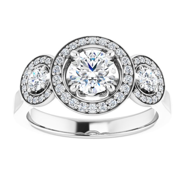 0.96 tcw Round Diamond GH/VS2+ Halo Three Stone Engagement Ring in 14KW | ViewS 0.96 tcw Round Diamond GH/VS2+ Halo Three Stone Engagement Ring in 14KW | ViewS