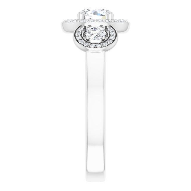 0.96 tcw Round Diamond GH/VS2+ Halo Three Stone Engagement Ring in 14KW | ViewE 0.96 tcw Round Diamond GH/VS2+ Halo Three Stone Engagement Ring in 14KW | ViewE