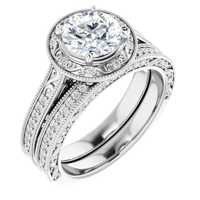 1.39 Tcw Round Lab-Grown GH/VS2+ Engraved Vintage Engagement Ring in PLAT | AllComponents_ViewA 1.39 Tcw Round Lab-Grown GH/VS2+ Engraved Vintage Engagement Ring in PLAT | AllComponents_ViewA