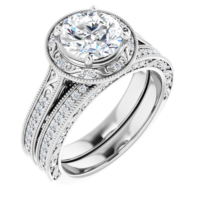 1.69 Tcw Round Lab-Grown GH/VS2+ Engraved Vintage Engagement Ring in 14KW | AllComponents_ViewA 1.69 Tcw Round Lab-Grown GH/VS2+ Engraved Vintage Engagement Ring in 14KW | AllComponents_ViewA