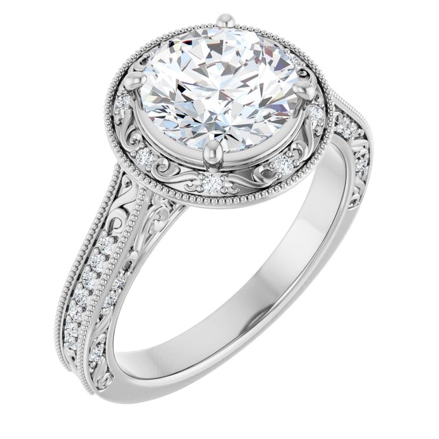 2.20 Tcw Round Moissanite DEF/VVS Engraved Vintage Engagement Ring in 14KW | ViewA