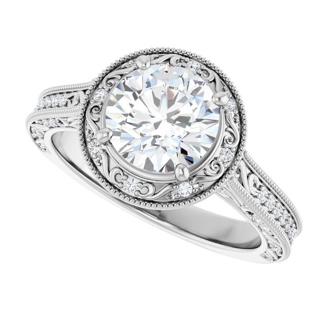 1.69 Tcw Round Lab-Grown GH/VS2+ Engraved Vintage Engagement Ring in 14KW | View5 1.69 Tcw Round Lab-Grown GH/VS2+ Engraved Vintage Engagement Ring in 14KW | View5