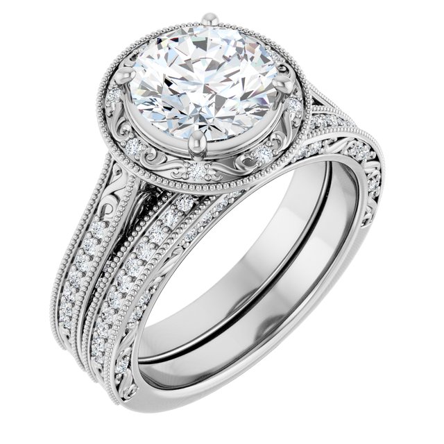 2.20 Tcw Round Moissanite DEF/VVS Engraved Vintage Engagement Ring in 14KW | AllComponents_ViewA