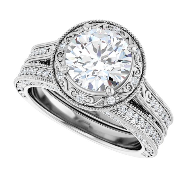 2.20 Tcw Round Moissanite DEF/VVS Engraved Vintage Engagement Ring in 14KW | AllComponents_View5