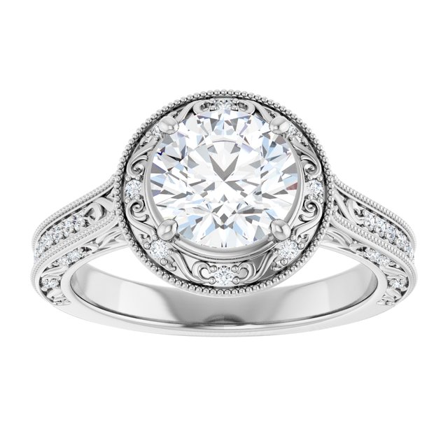 1.69 Tcw Round Lab-Grown GH/VS2+ Engraved Vintage Engagement Ring in 14KW | ViewS 1.69 Tcw Round Lab-Grown GH/VS2+ Engraved Vintage Engagement Ring in 14KW | ViewS