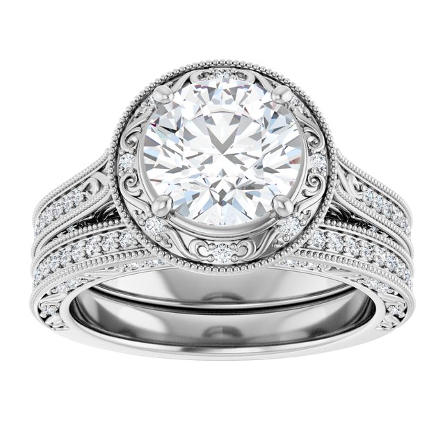 2.20 Tcw Round Moissanite DEF/VVS Engraved Vintage Engagement Ring in 14KW | AllComponents_ViewS