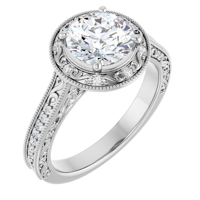 1.69 Tcw Round Lab-Grown GH/VS2+ Engraved Vintage Engagement Ring in 14KW | ViewA 1.69 Tcw Round Lab-Grown GH/VS2+ Engraved Vintage Engagement Ring in 14KW | ViewA