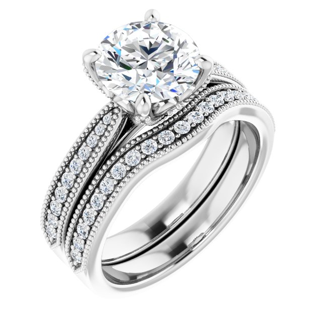 2.16 Round Moissanite DEF/VVS Milgrain Vintage Engagement Ring in 14KW | AllComponents_ViewA