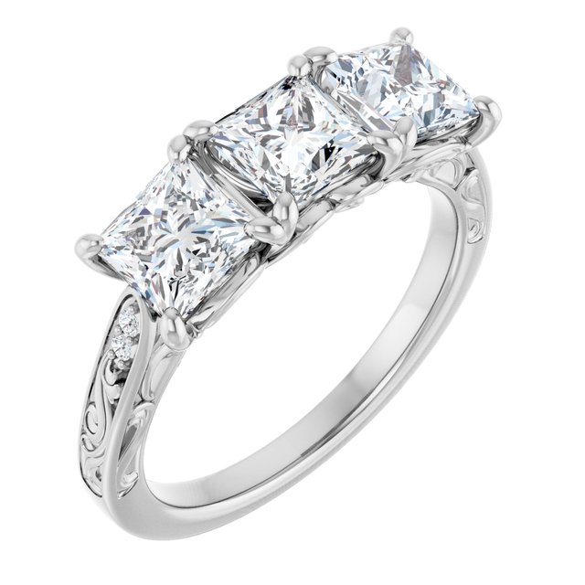 2.43 tcw Square Lab-Grown D/VVS2+ Engraved Three Stone Engagement Ring in PLAT | ViewA 2.43 tcw Square Lab-Grown D/VVS2+ Engraved Three Stone Engagement Ring in PLAT | ViewA