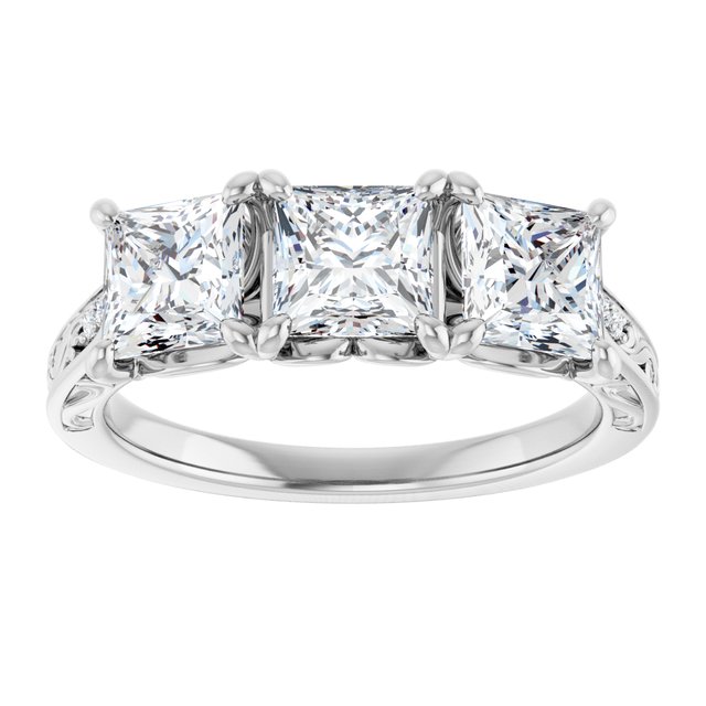 2.43 tcw Square Lab-Grown D/VVS2+ Engraved Three Stone Engagement Ring in PLAT | ViewS 2.43 tcw Square Lab-Grown D/VVS2+ Engraved Three Stone Engagement Ring in PLAT | ViewS