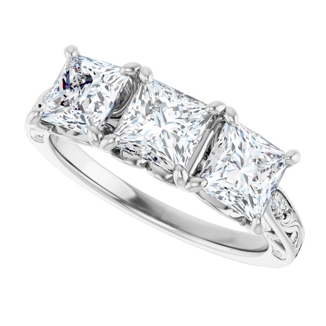 2.43 tcw Square Lab-Grown D/VVS2+ Engraved Three Stone Engagement Ring in PLAT | View5 2.43 tcw Square Lab-Grown D/VVS2+ Engraved Three Stone Engagement Ring in PLAT | View5