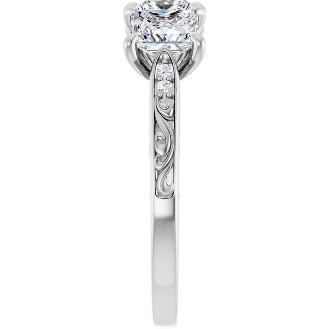 2.43 tcw Square Lab-Grown D/VVS2+ Engraved Three Stone Engagement Ring in PLAT | ViewE 2.43 tcw Square Lab-Grown D/VVS2+ Engraved Three Stone Engagement Ring in PLAT | ViewE