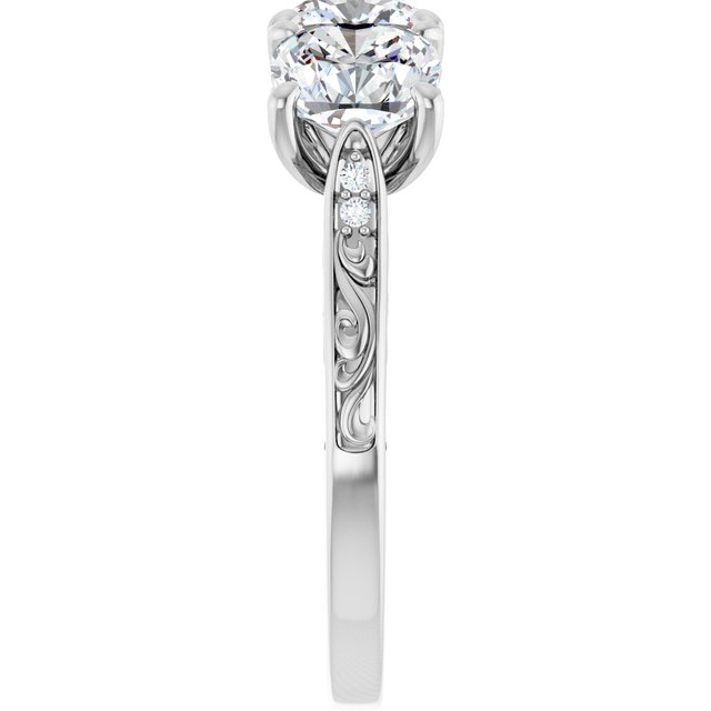 3.33 tcw Cushion Lab-Grown EF/VS1+ Engraved Three Stone Engagement Ring in PLAT | ViewE 3.33 tcw Cushion Lab-Grown EF/VS1+ Engraved Three Stone Engagement Ring in PLAT | ViewE